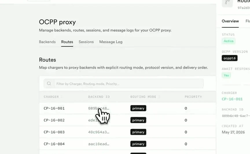OCPP proxy routes table mapping virtual charge points CP-16-001 onward to backends