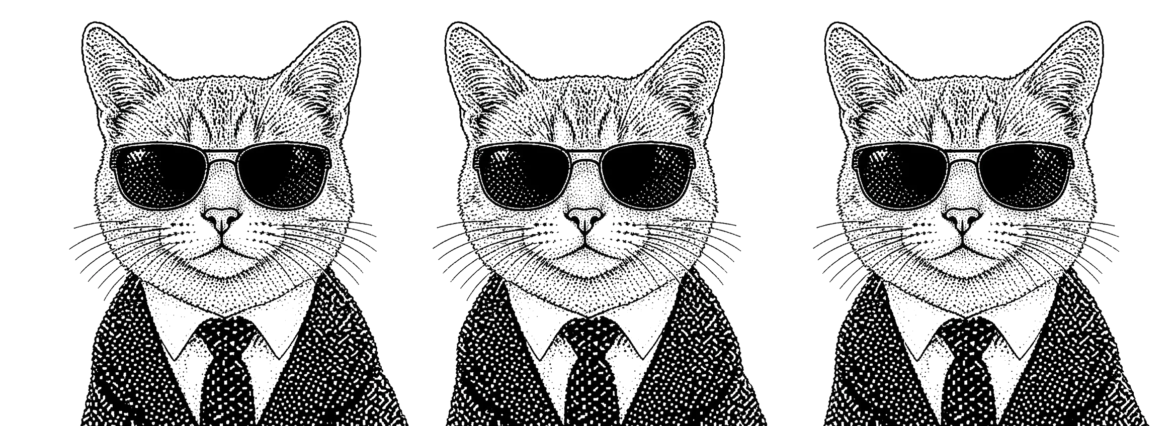 Three identical stipple portraits of a cat in sunglasses and a suit. One operator, cloned.