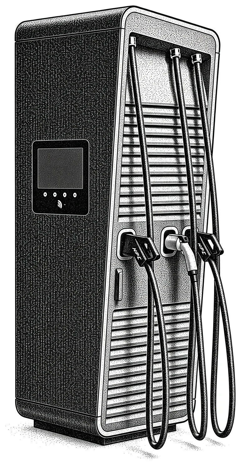 Stipple illustration of a DC charging cabinet with three cables